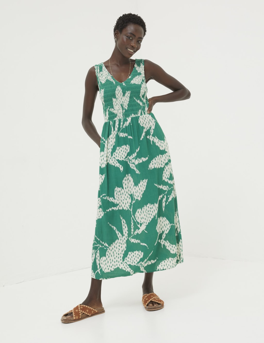 Textured V-Neck Midi Waisted Dress 1 of 4