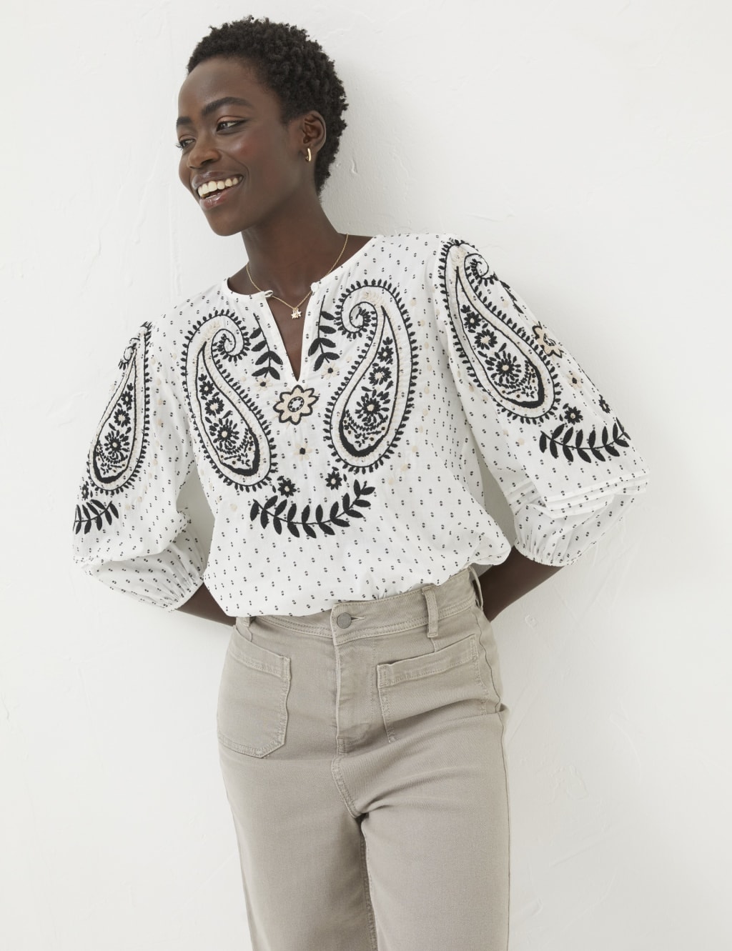Pure Cotton Embroidered V-Neck Blouse 1 of 6