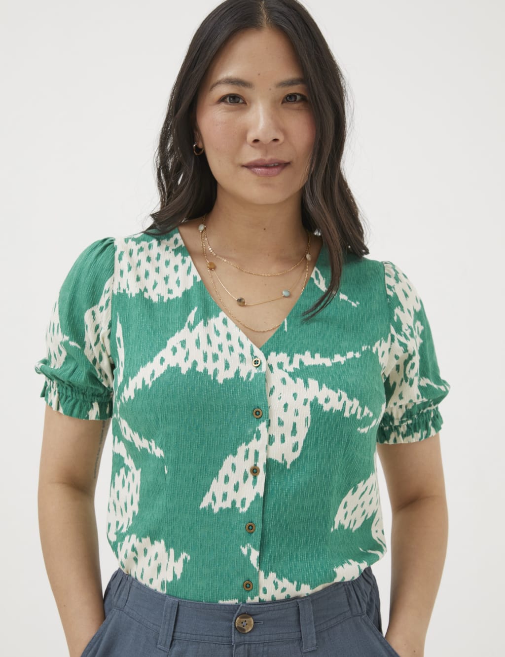 Printed V-Neck Button Through Blouse | FatFace | M&S