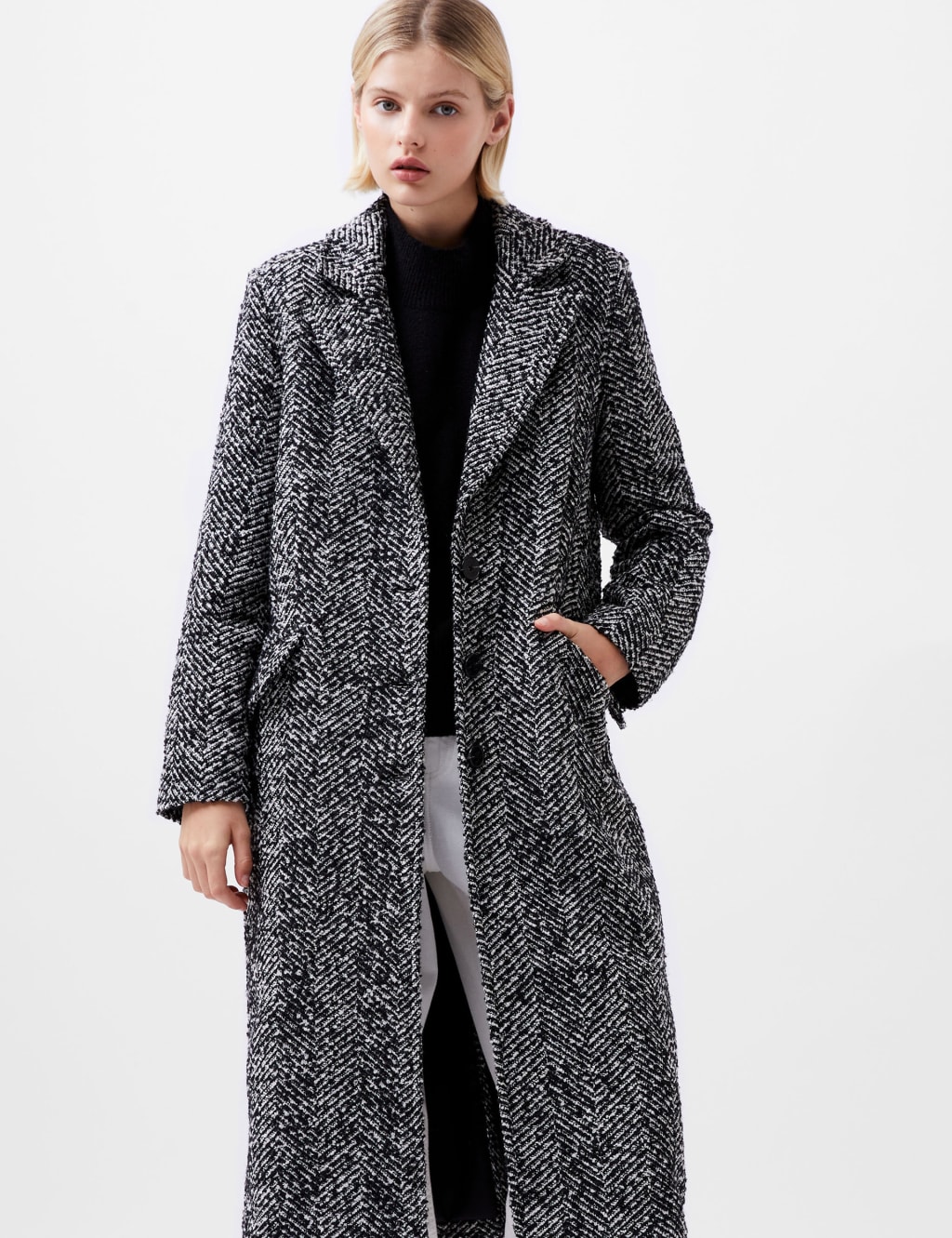 Herringbone Longline Trench Coat with Wool