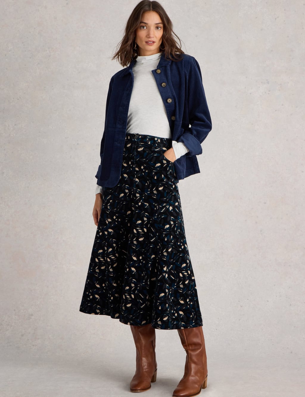 Cotton Rich Cord Printed Midi Skater Skirt