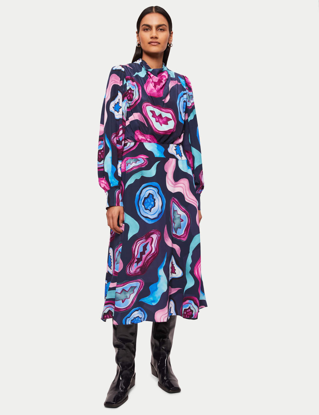 Geometric Cowl Neck Midi Swing Dress 1 of 6