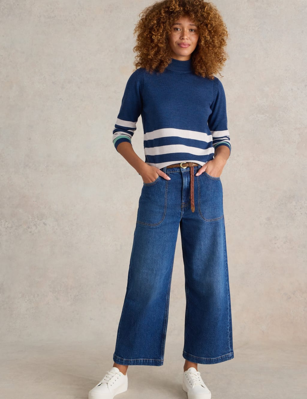 Pure Merino Wool Striped Roll Neck Jumper