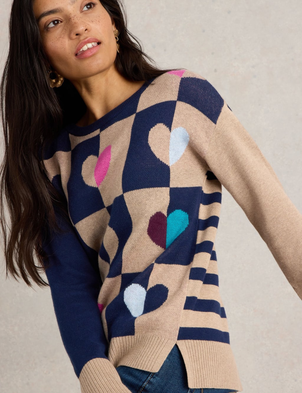 Wool Blend Checked Heart Crew Neck Jumper