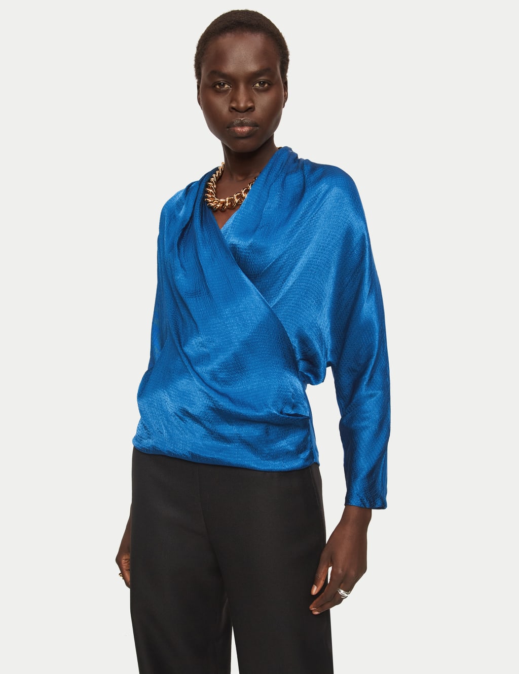 Satin Textured Draped Wrap Top 1 of 5