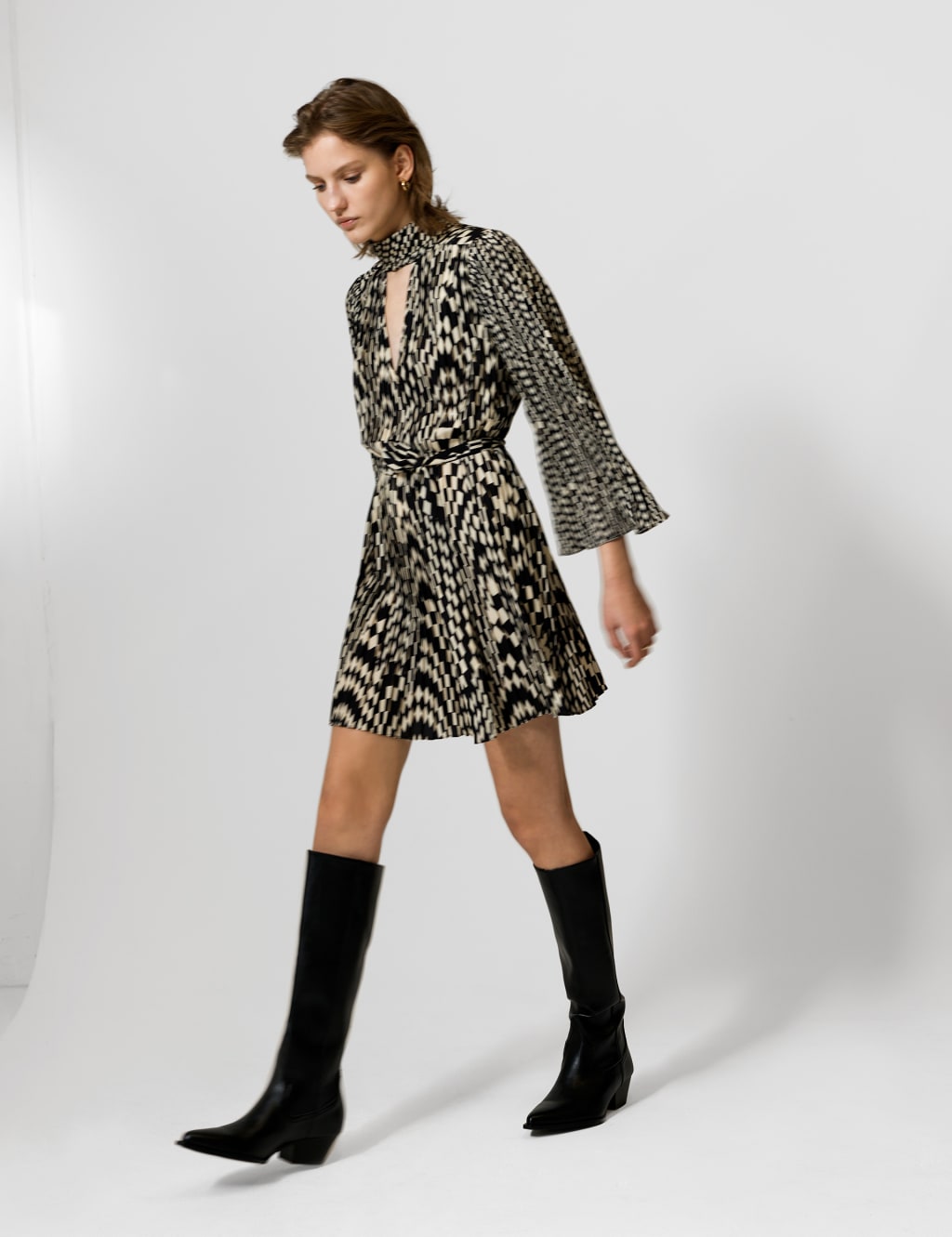 Pleated Checked High Neck Mini Skater Dress