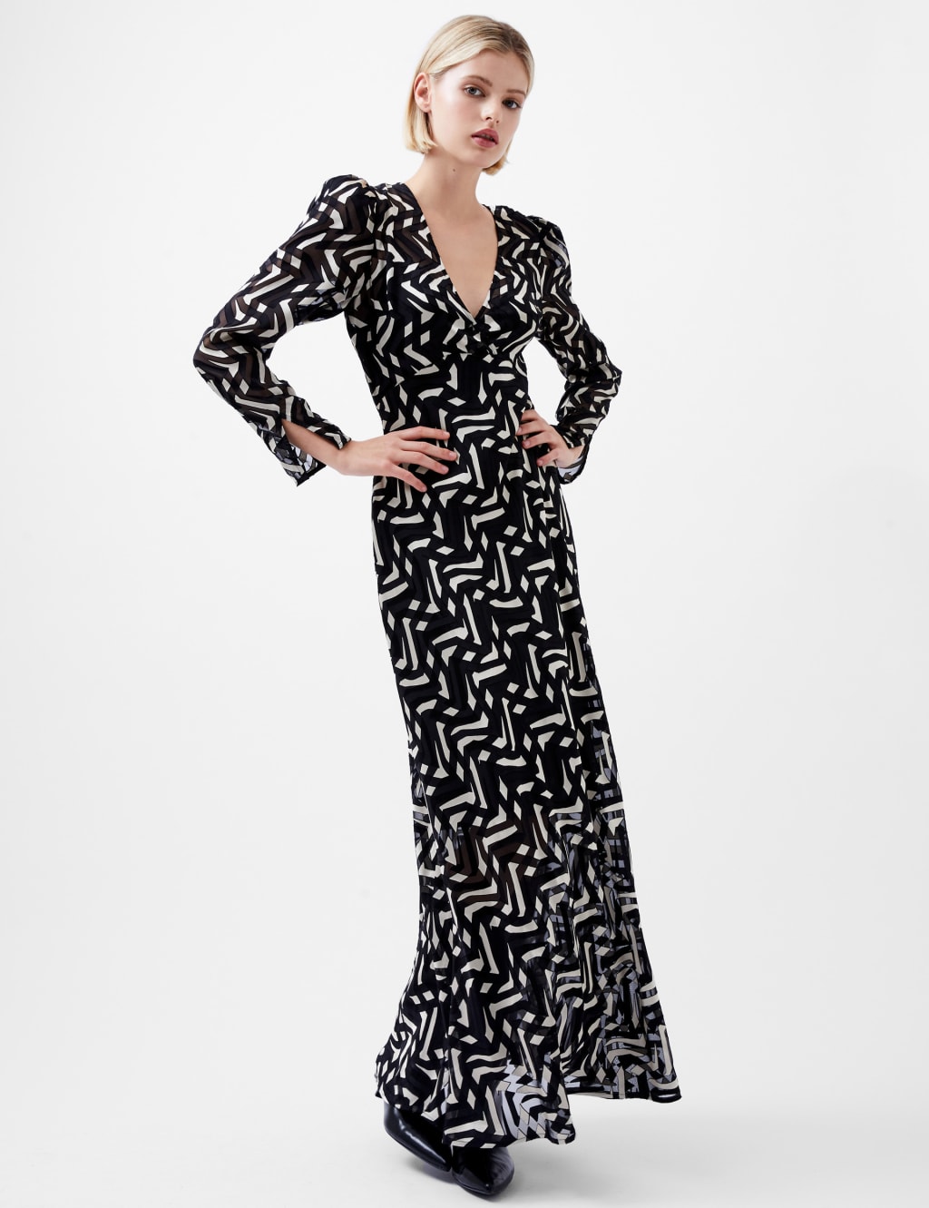 Satin Geometric V-Neck Maxi Skater Dress 1 of 4
