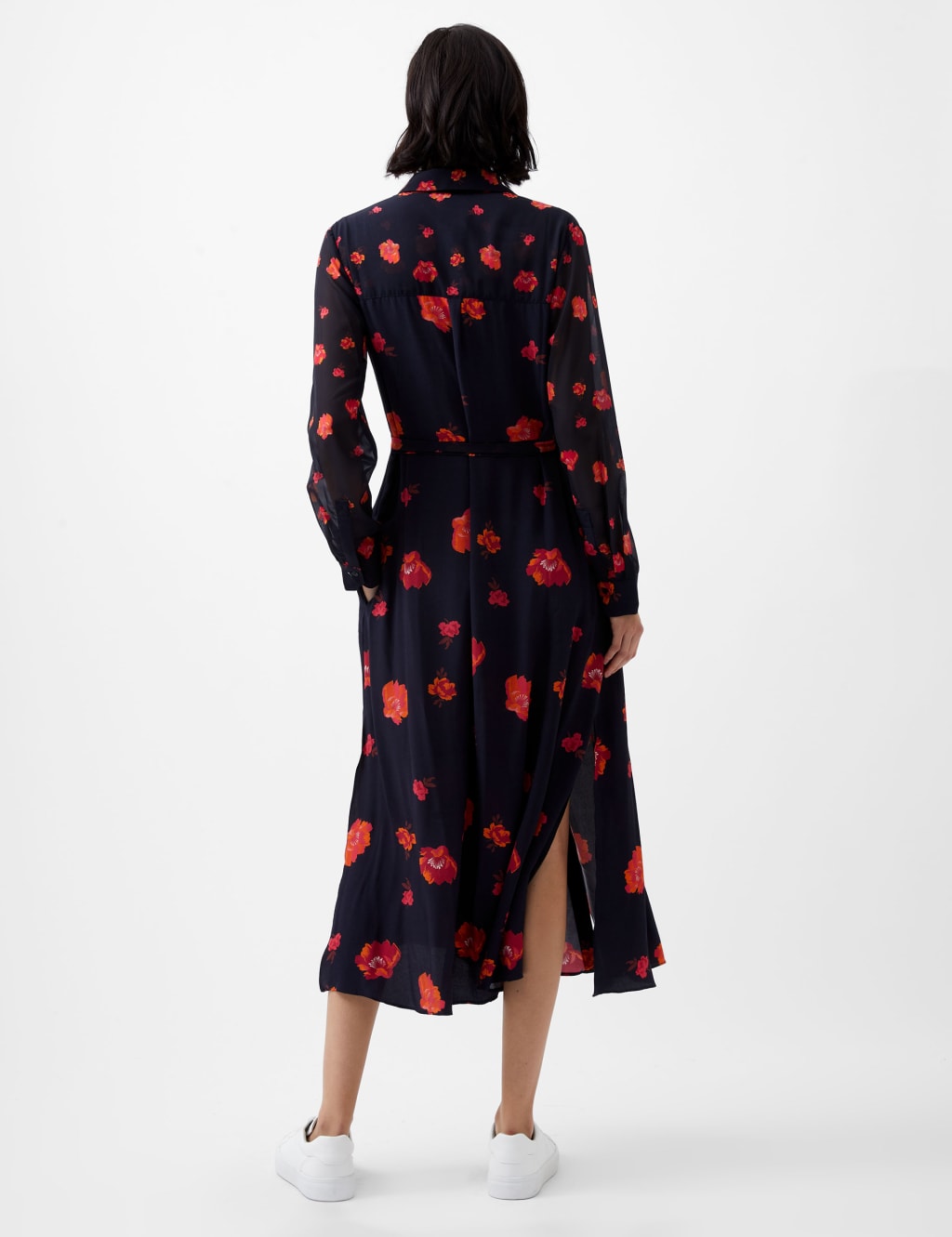 Midnight Bloom Monochrome Floral Belted Midi Dress - Short Sleeve V-Neck