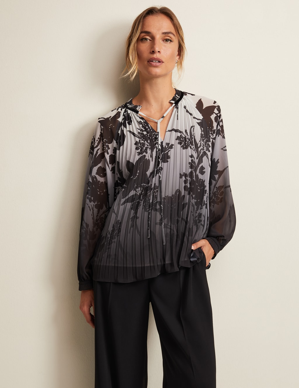 Floral Pleated Tie Neck Top 1 of 6