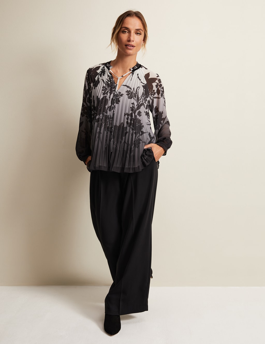 Floral Pleated Tie Neck Top 4 of 6