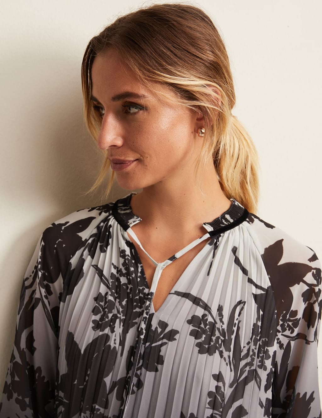 Floral Pleated Tie Neck Top 5 of 6