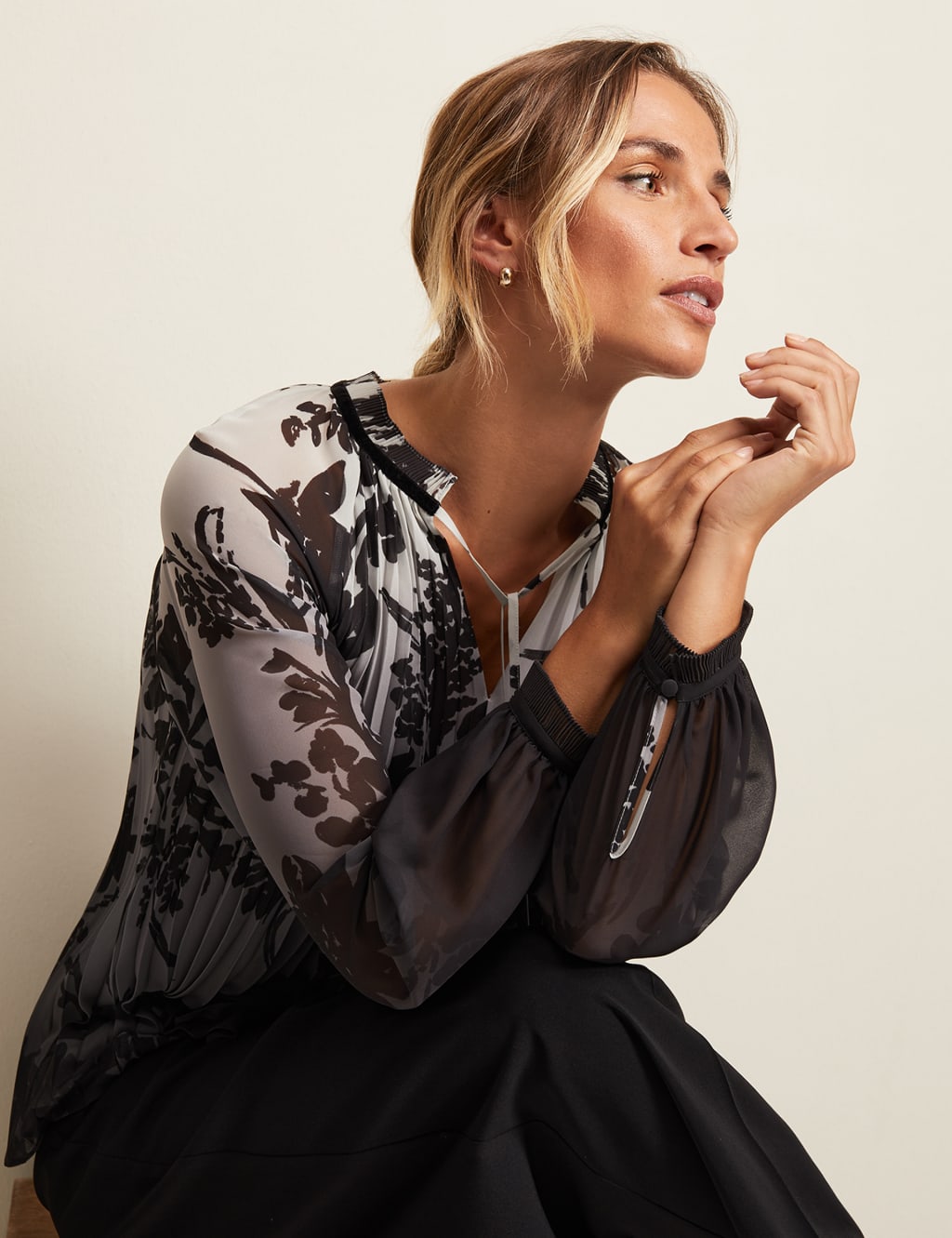 Floral Pleated Tie Neck Top 6 of 6