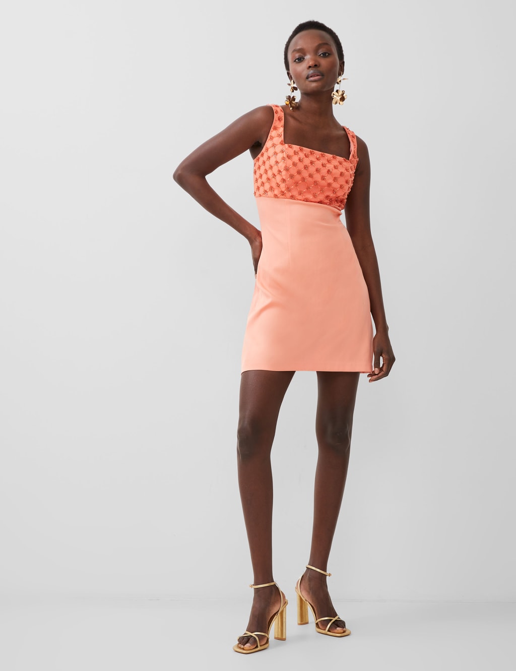 Crepe Embroidered Square Neck Mini Shift Dress