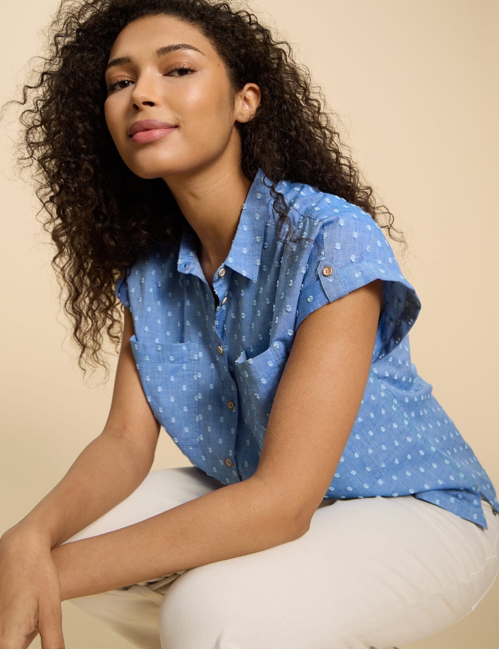 Pure Cotton Polka Dot Collared Cap Sleeve Shirt 3 of 6