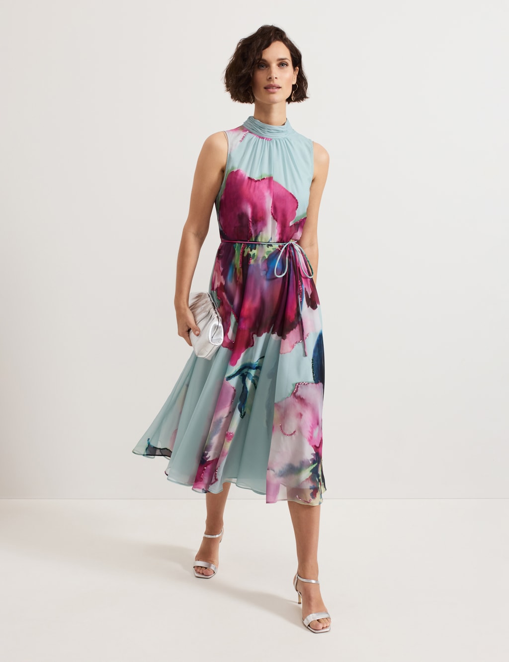Floral Tie Neck Waisted Midi Dress 1 of 9