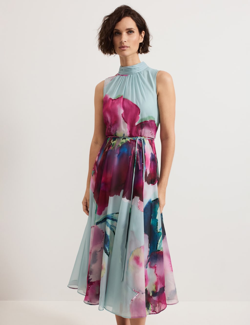 Floral Tie Neck Waisted Midi Dress 4 of 9