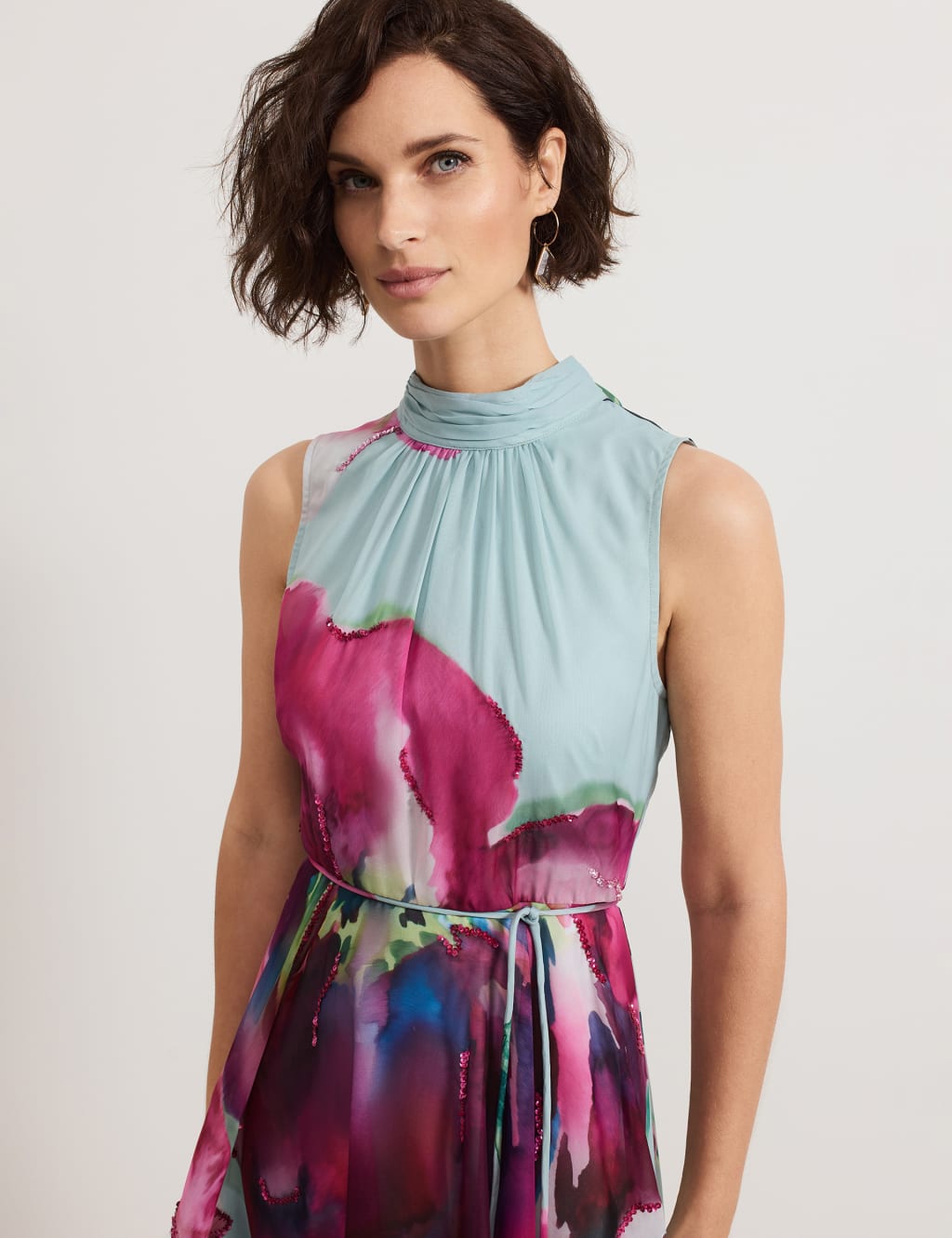 Floral Tie Neck Waisted Midi Dress 5 of 9
