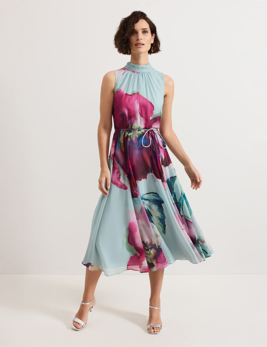 Floral Tie Neck Waisted Midi Dress 9 of 9