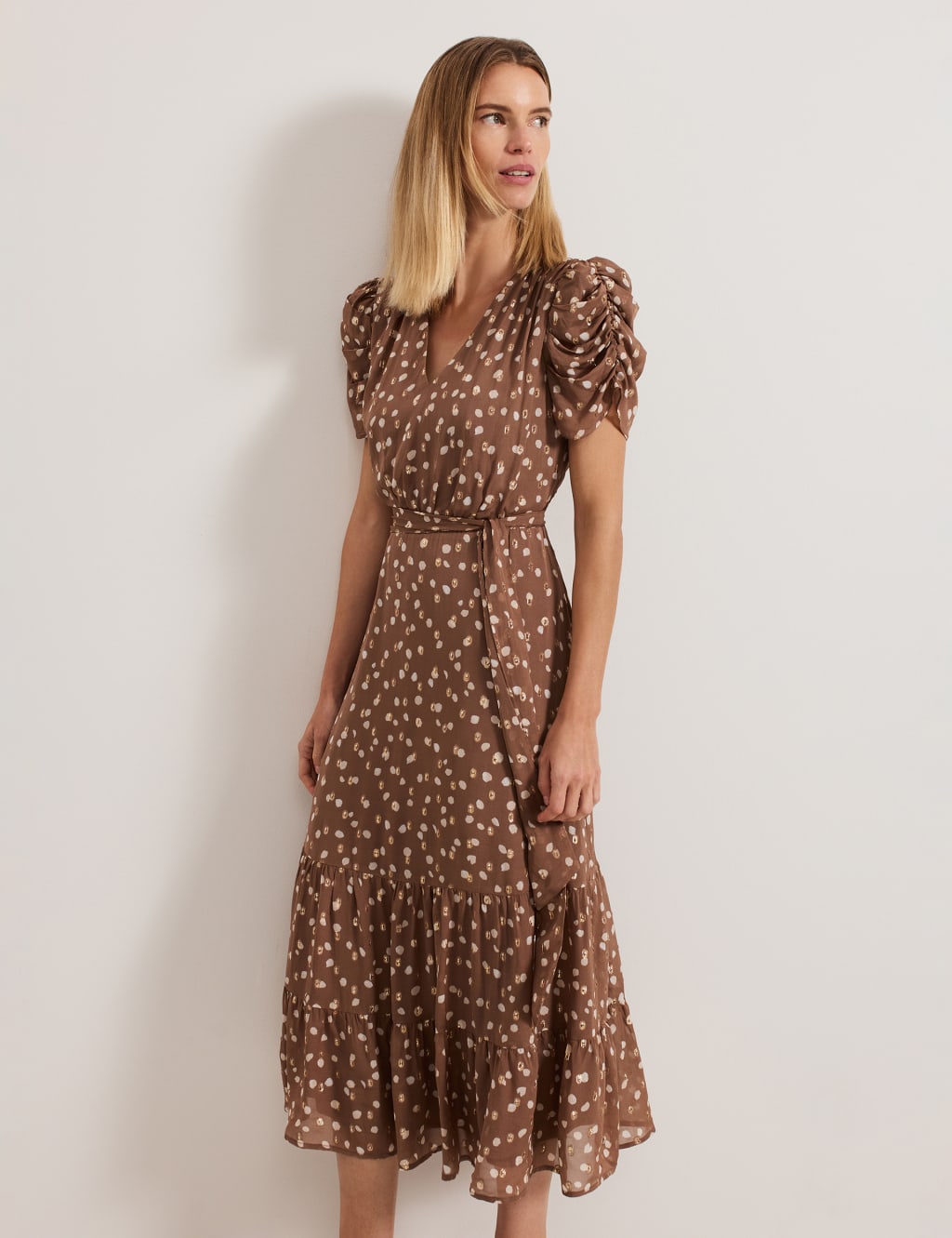 Polka Dot Tie Waist Midi Tiered Dress 4 of 7