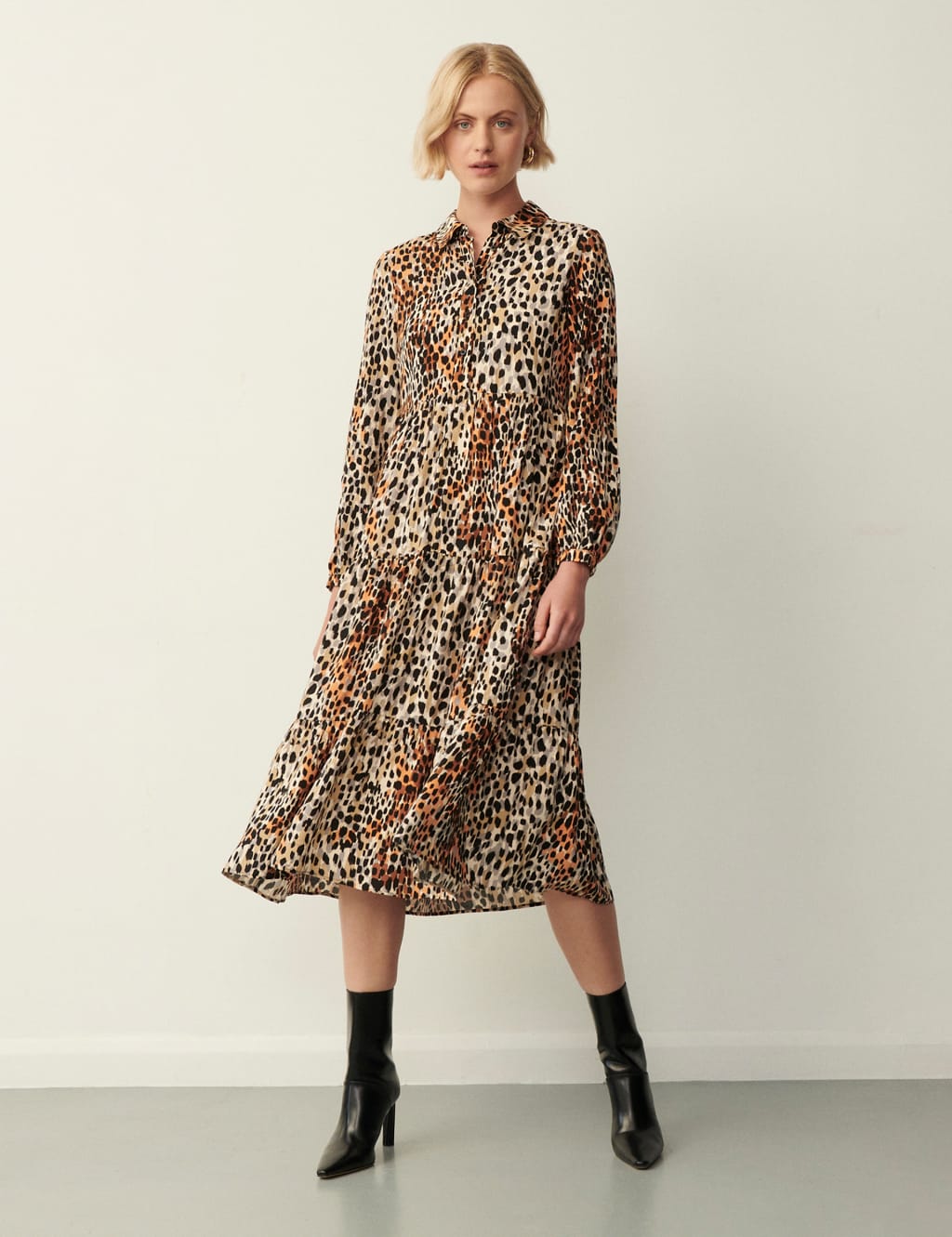 Animal Print Button Front Midi Tiered Dress Finery London M S