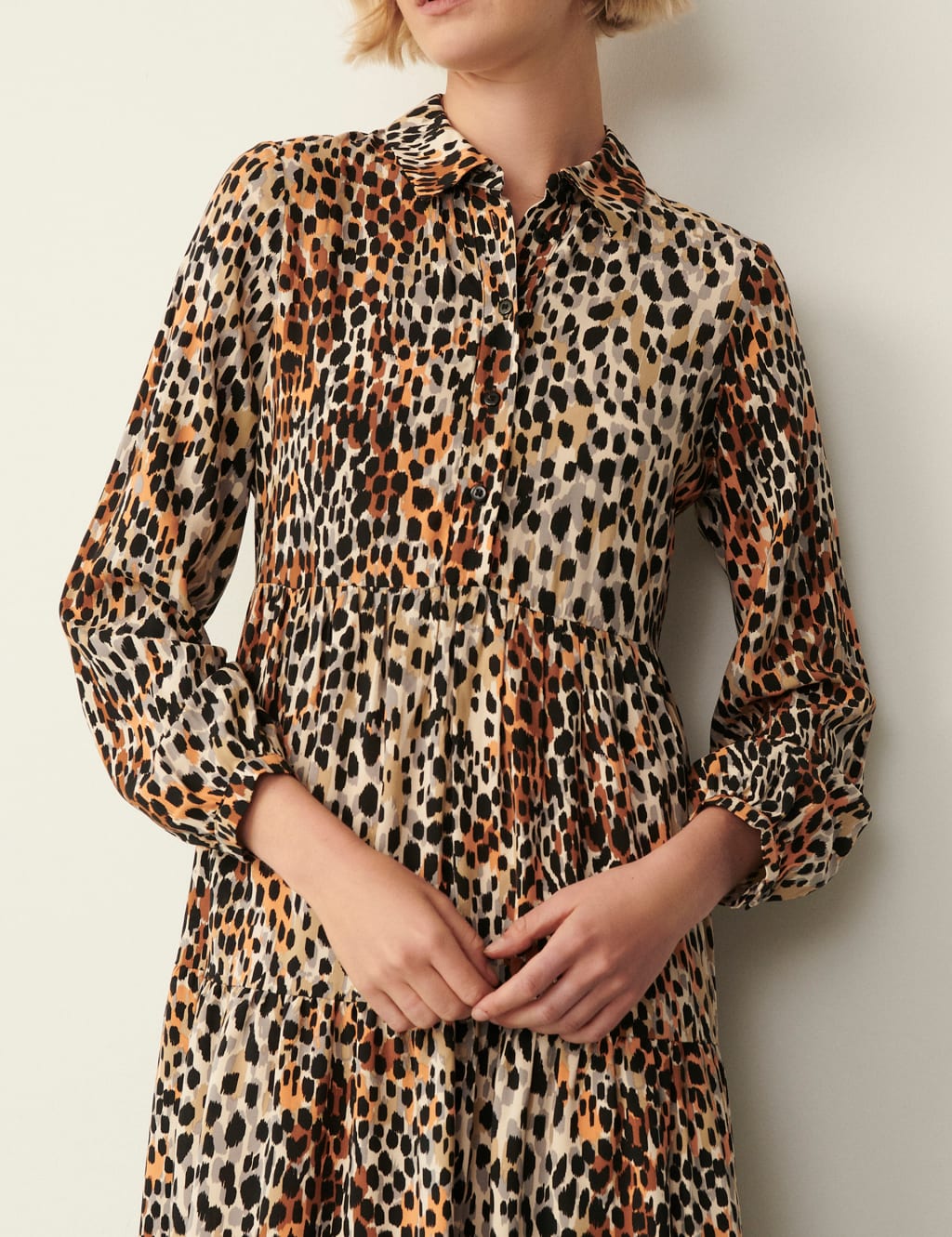 Animal Print Button Front Midi Tiered Dress