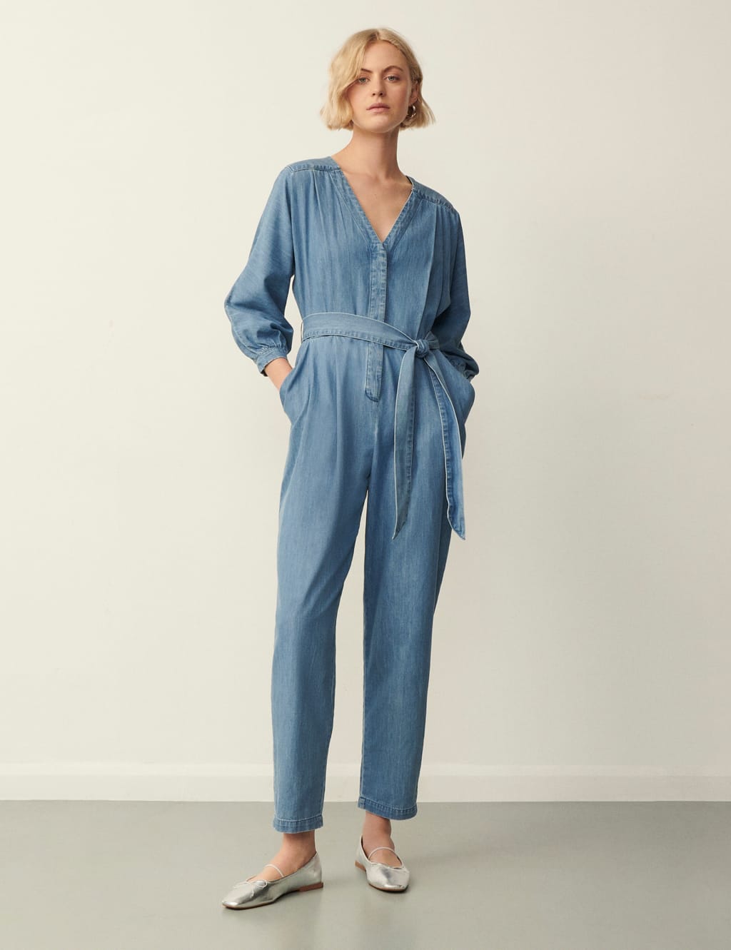 Denim Belted 3 4 Sleeve Jumpsuit
