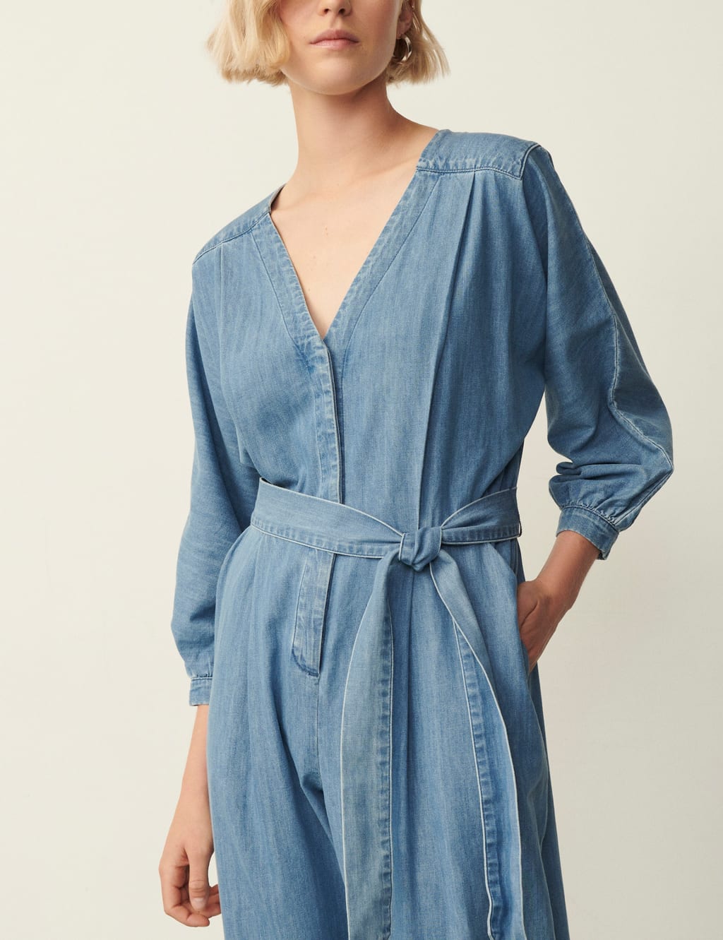 Denim Belted 3 4 Sleeve Jumpsuit