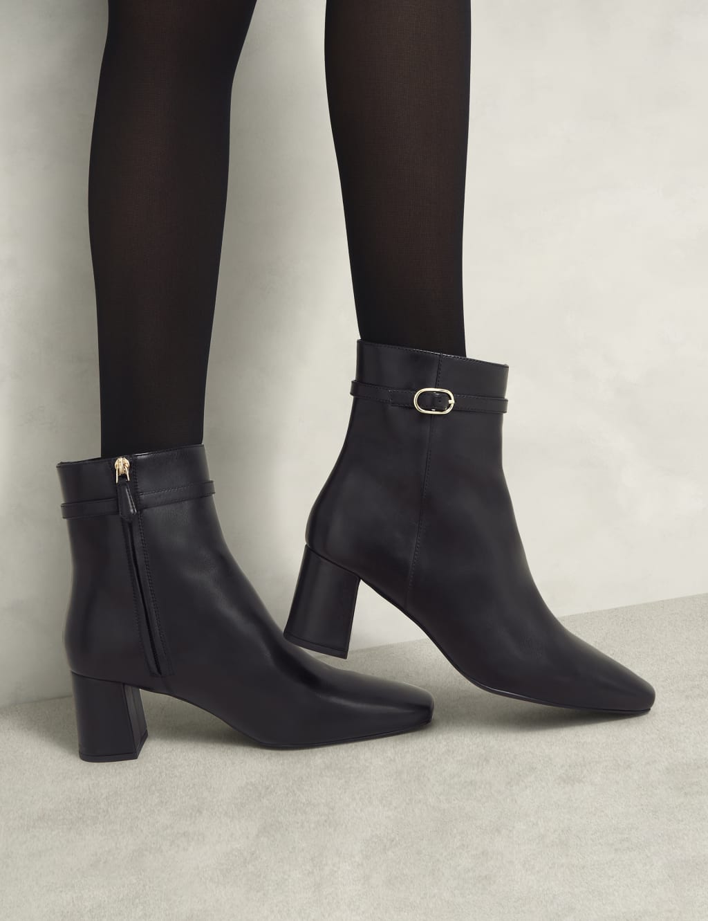 Leather Buckle Block Heel Round Toe Ankle Boots 1 of 6