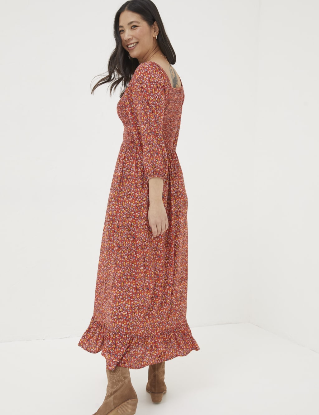 Ditsy Floral Print Shirred Detail Dobby Mesh Dress