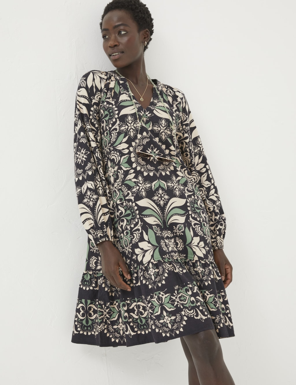 Cotton Rich Printed V Neck Swing Dress FatFace M S