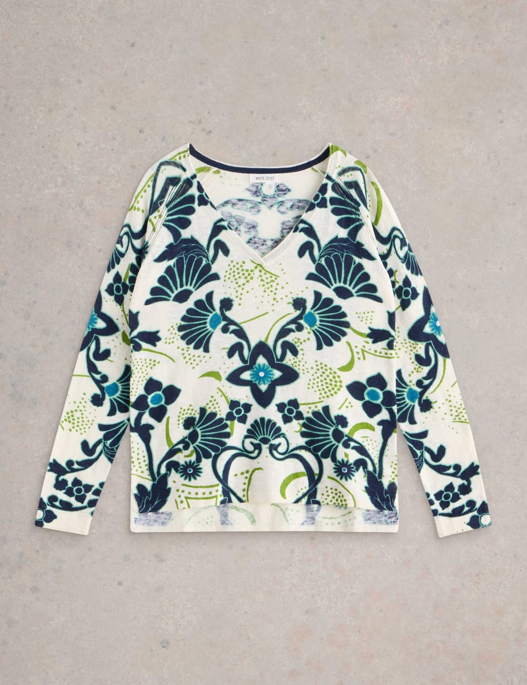 Cotton Rich Patterned V-Neck Jumper With Linen 2 of 7