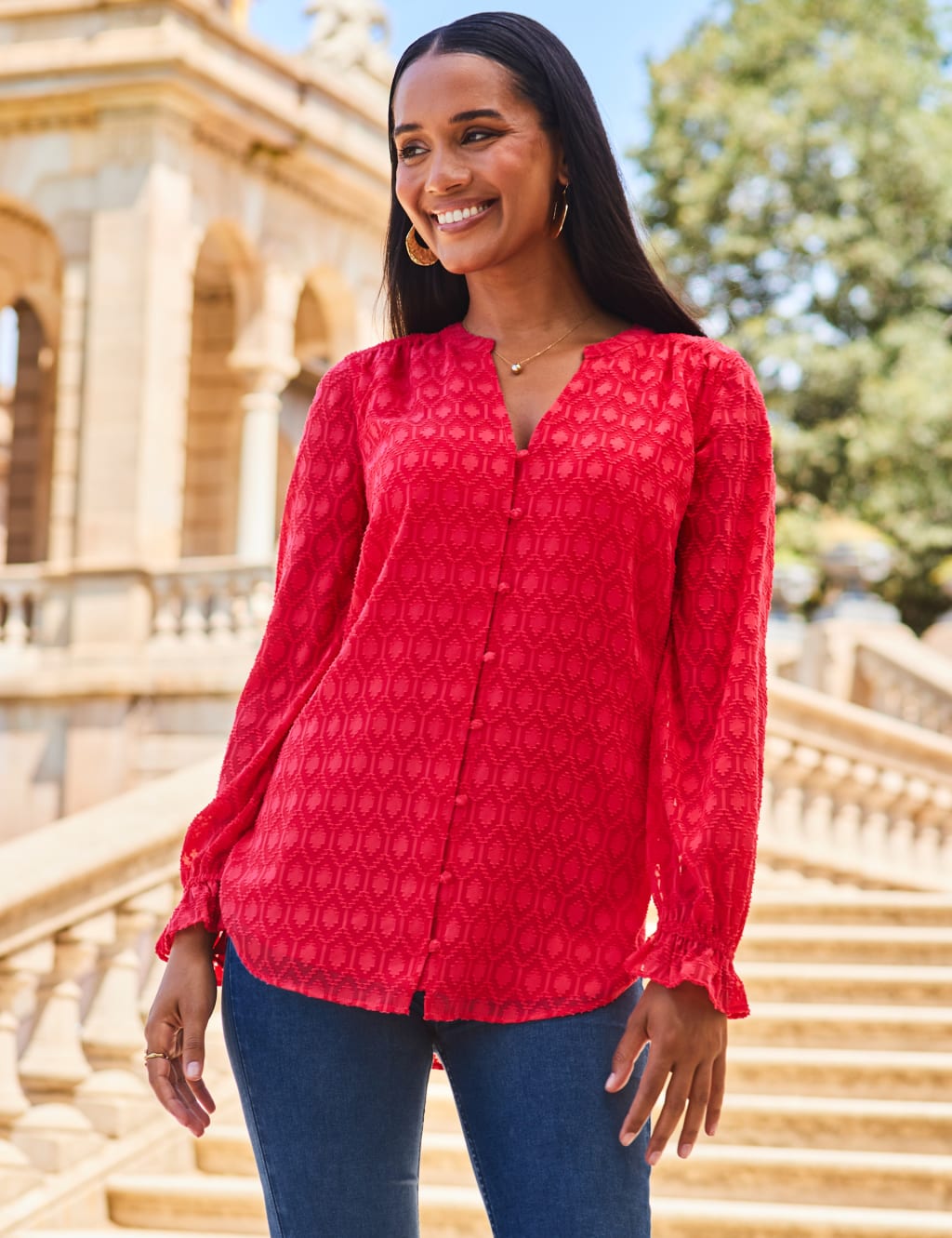 Textured V Neck Relaxed Longline Blouse SOSANDAR M S