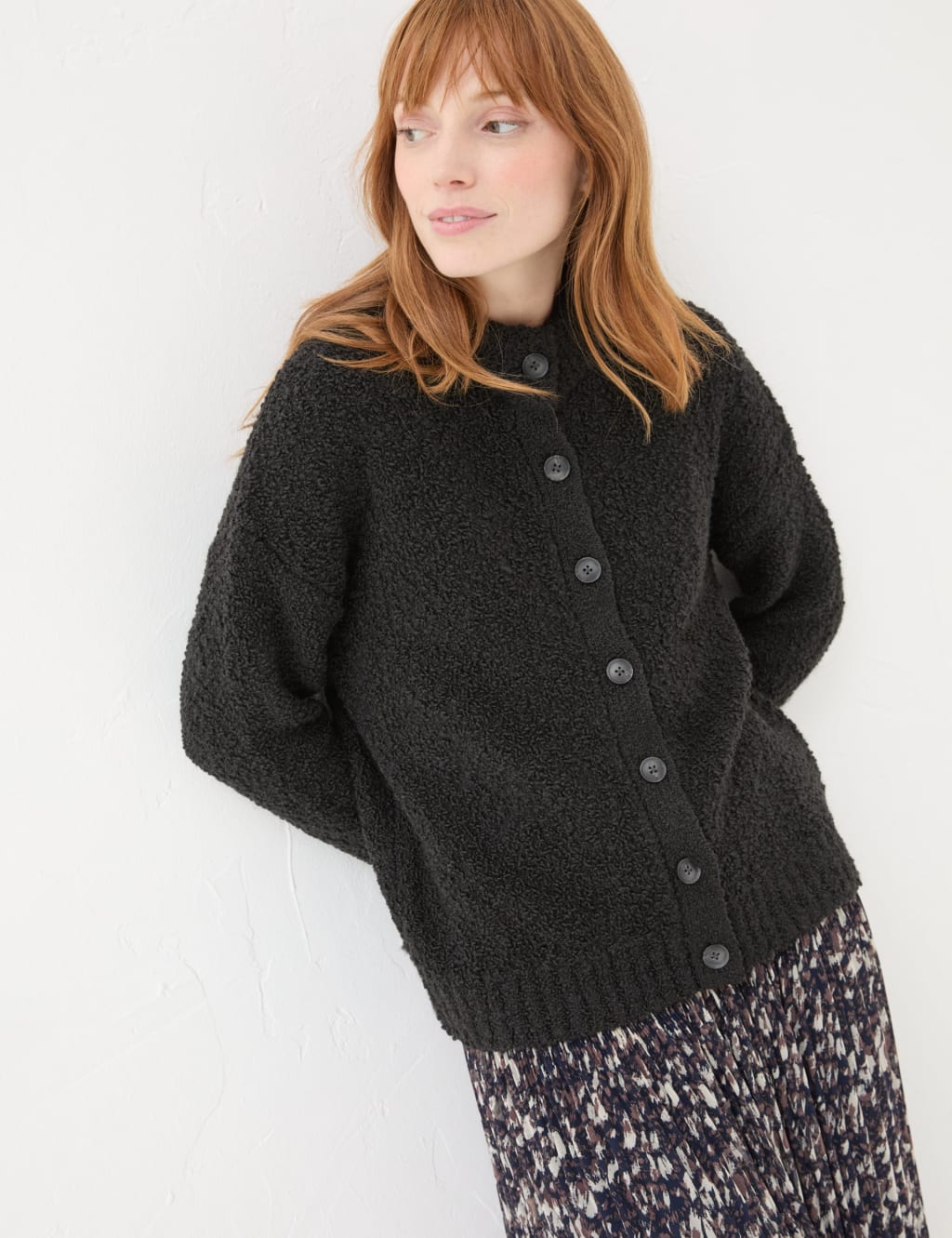Wool Rich Boucle Crew Neck Cardigan