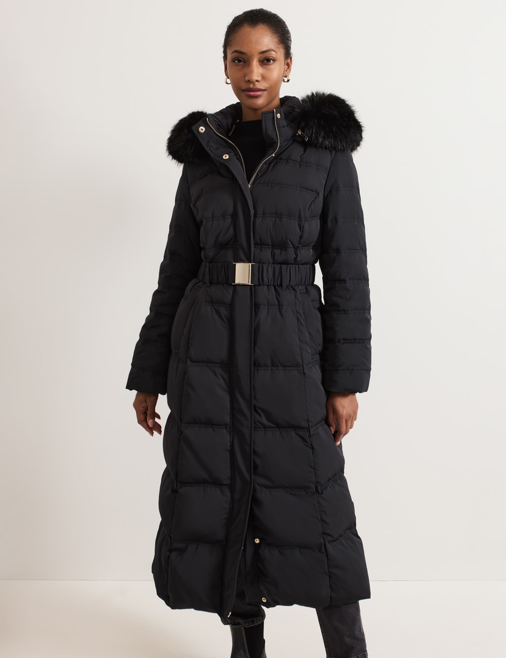Black long padded coat with fur hood best sale
