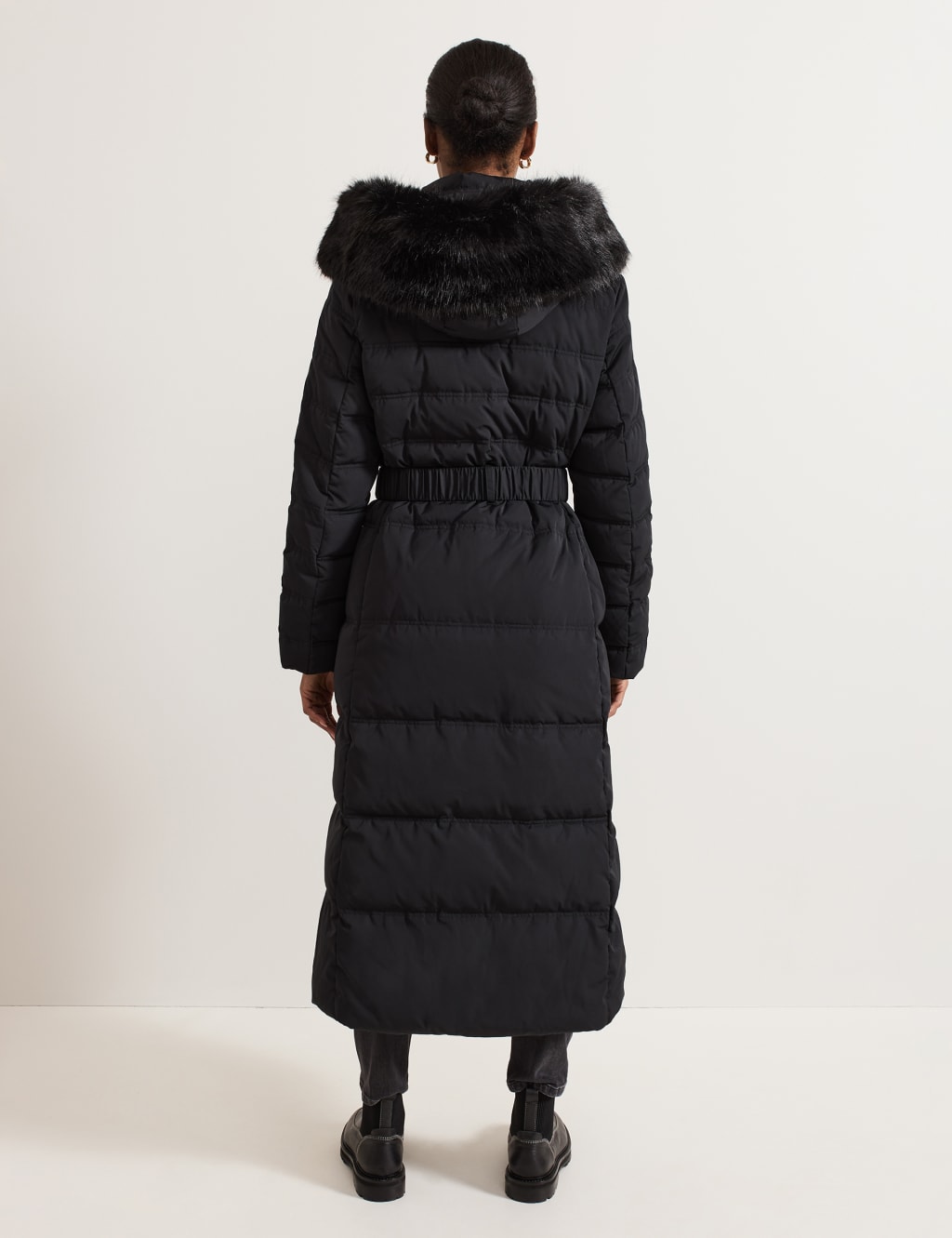 Black faux fur trim longline puffer jacket discount