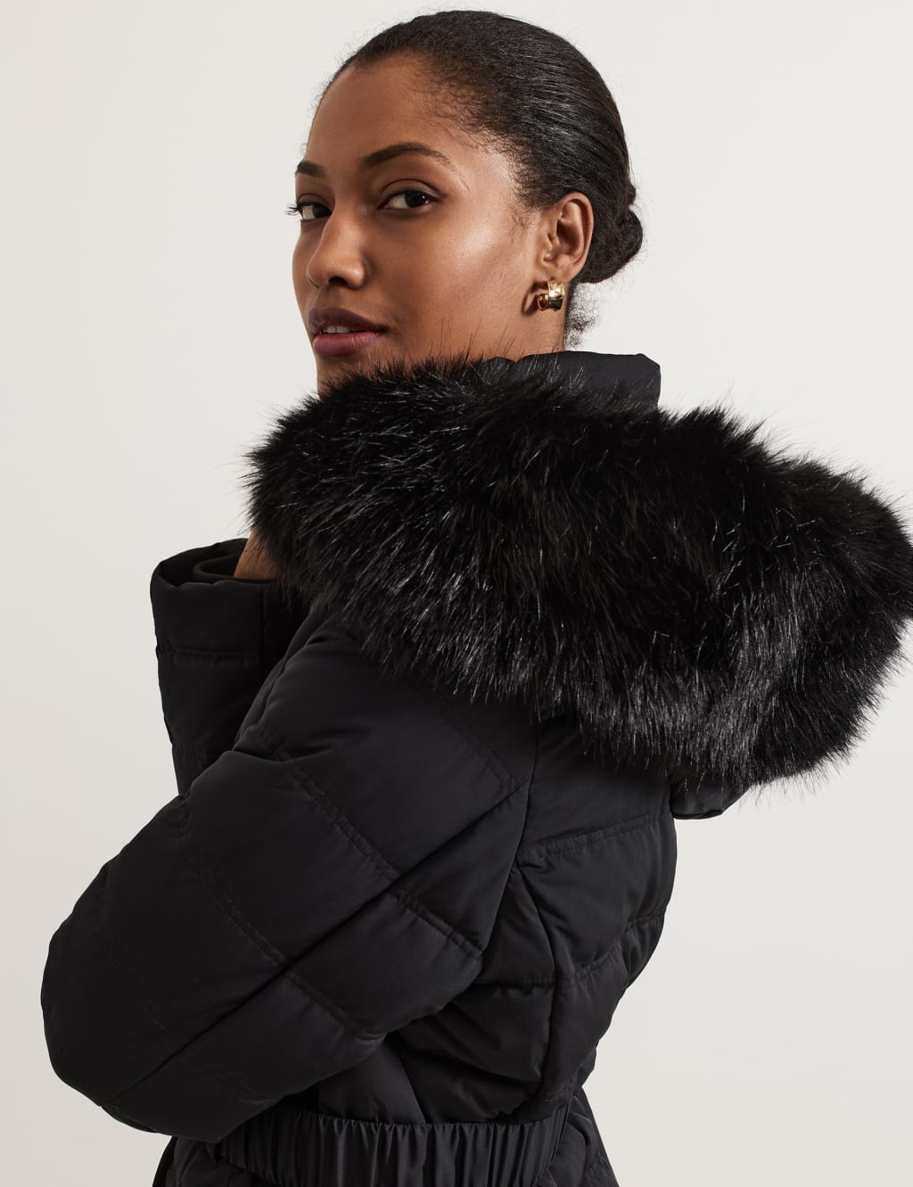 Faux fur hood down blend longline puffer coat new arrivals