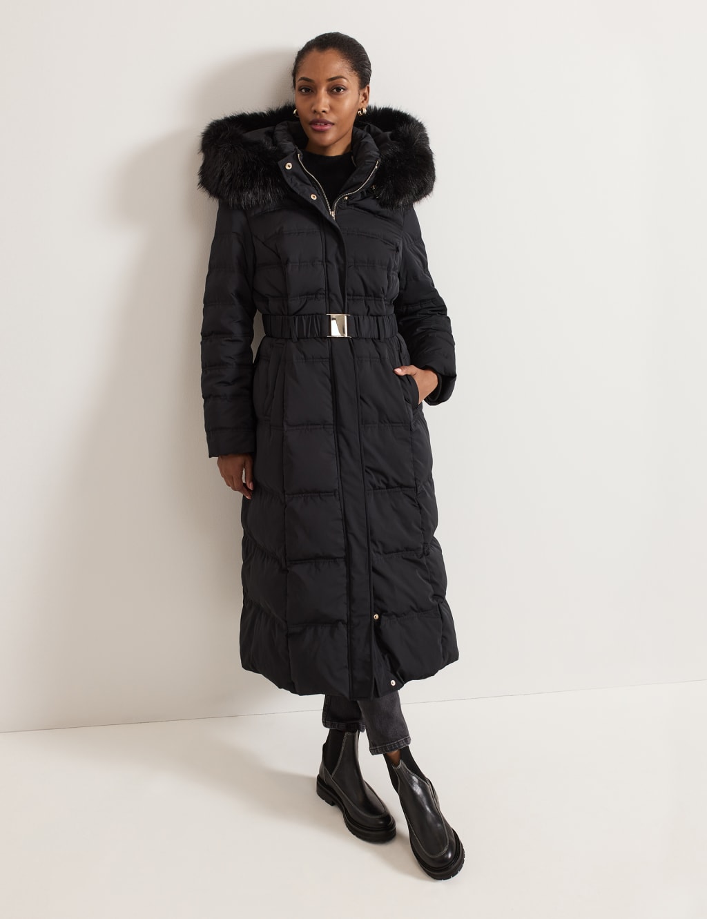 Faux fur hood down blend longline puffer coat online