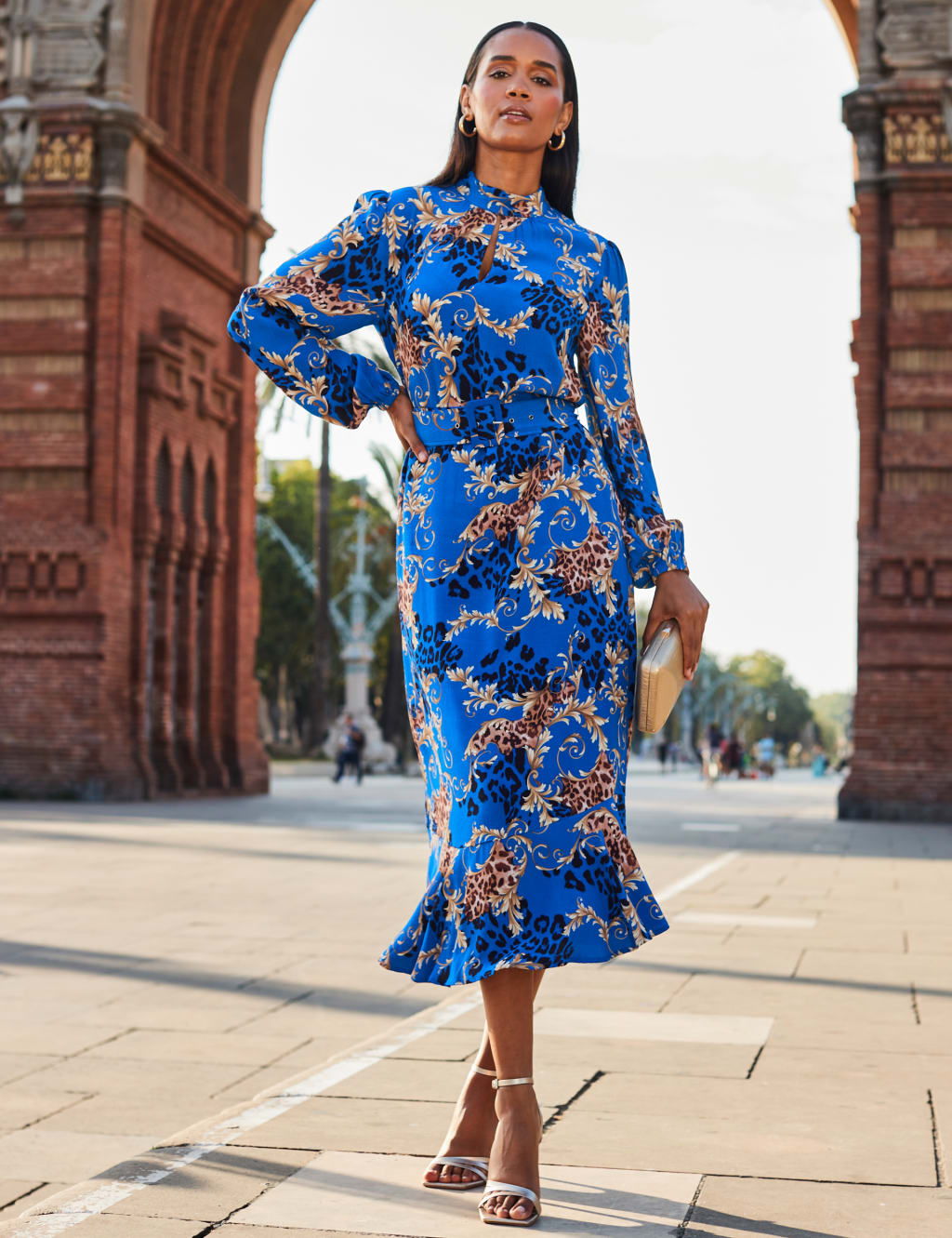 Printed High Neck Belted Midi Waisted Dress SOSANDAR M S