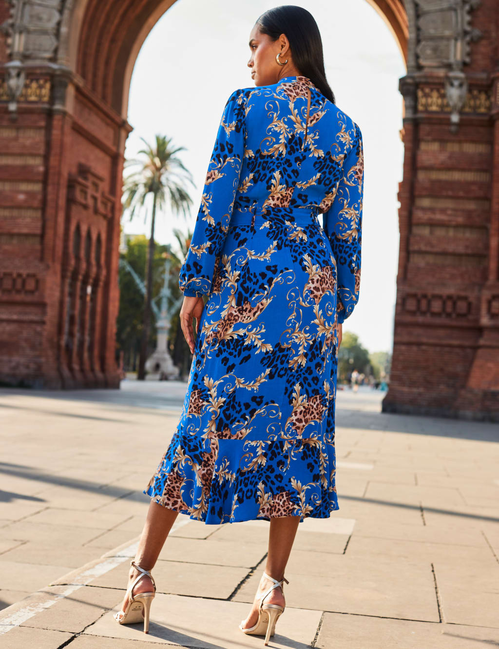 Printed High Neck Belted Midi Waisted Dress 4 of 5