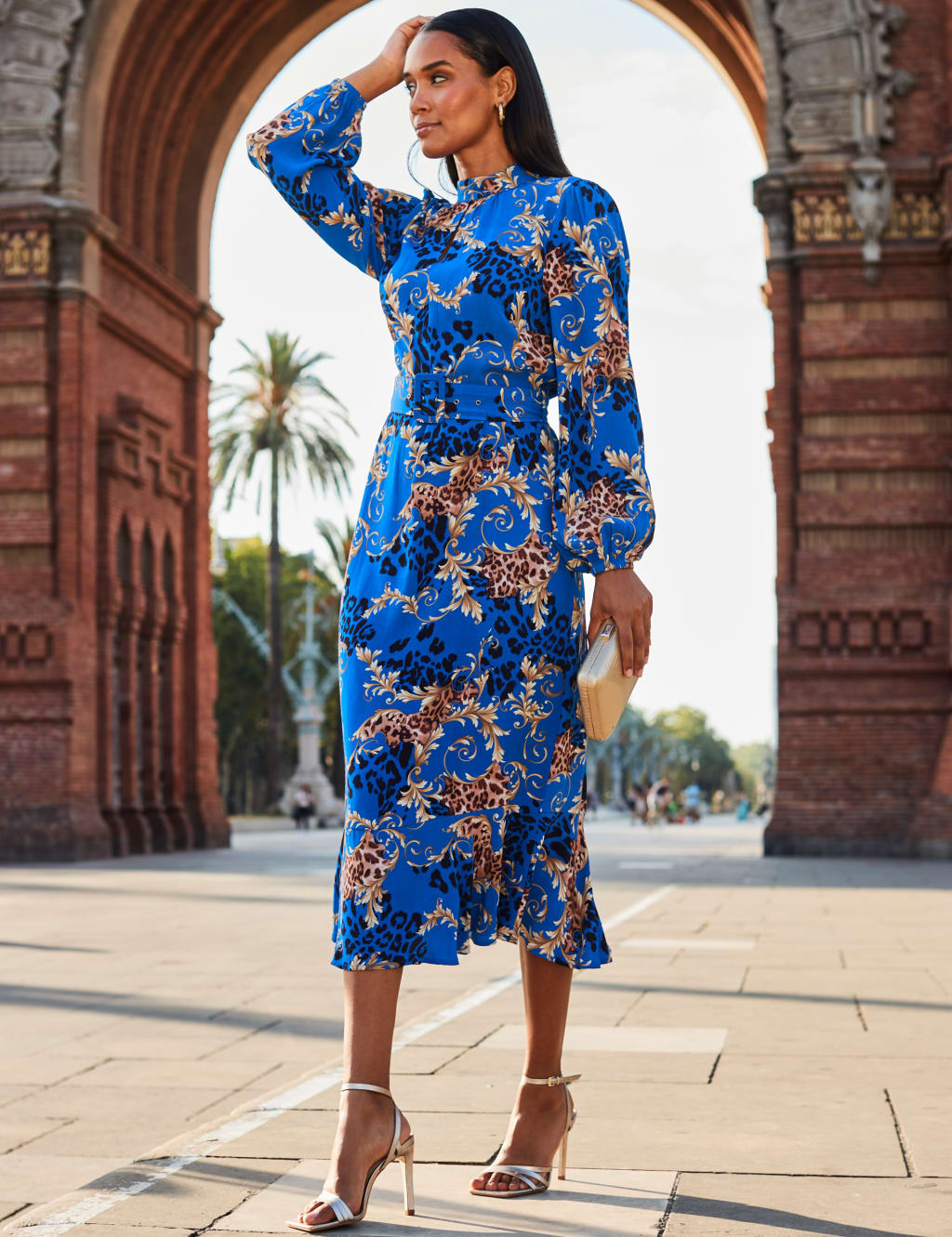 Printed High Neck Belted Midi Waisted Dress | SOSANDAR | M&S