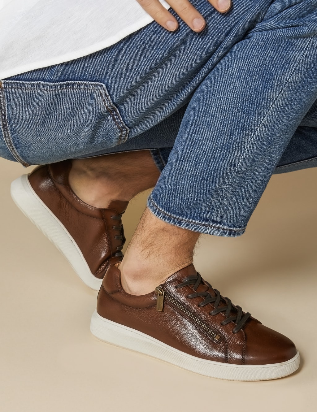 Leather Side Zip Lace Up Trainers Jones Bootmaker M S