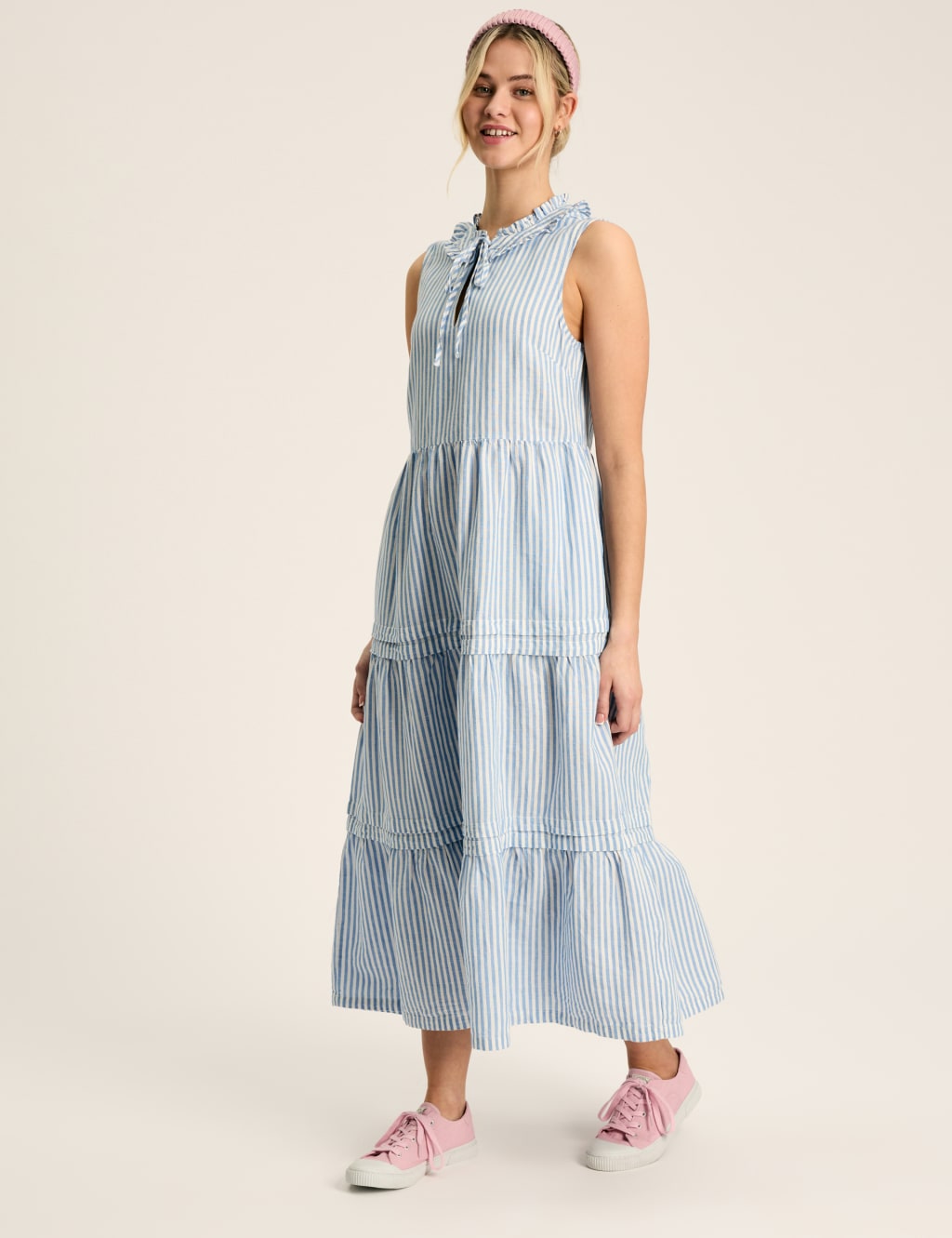 Linen Blend Striped Midaxi Tiered Dress Joules M S