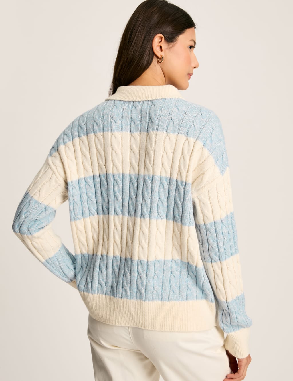 Cotton Rich Cable Knit Striped Collared Jumper