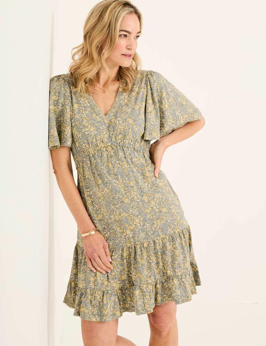 Pure Cotton Floral V-Neck Mini Tiered Dress 5 of 6