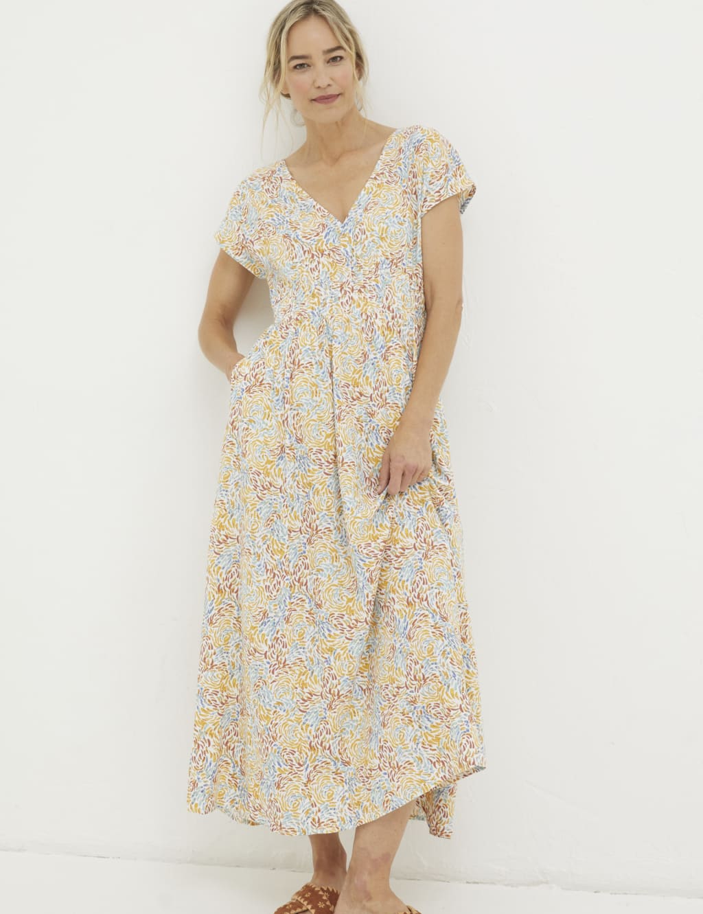 Linen Rich Geometric Midi Waisted Dress 1 of 5