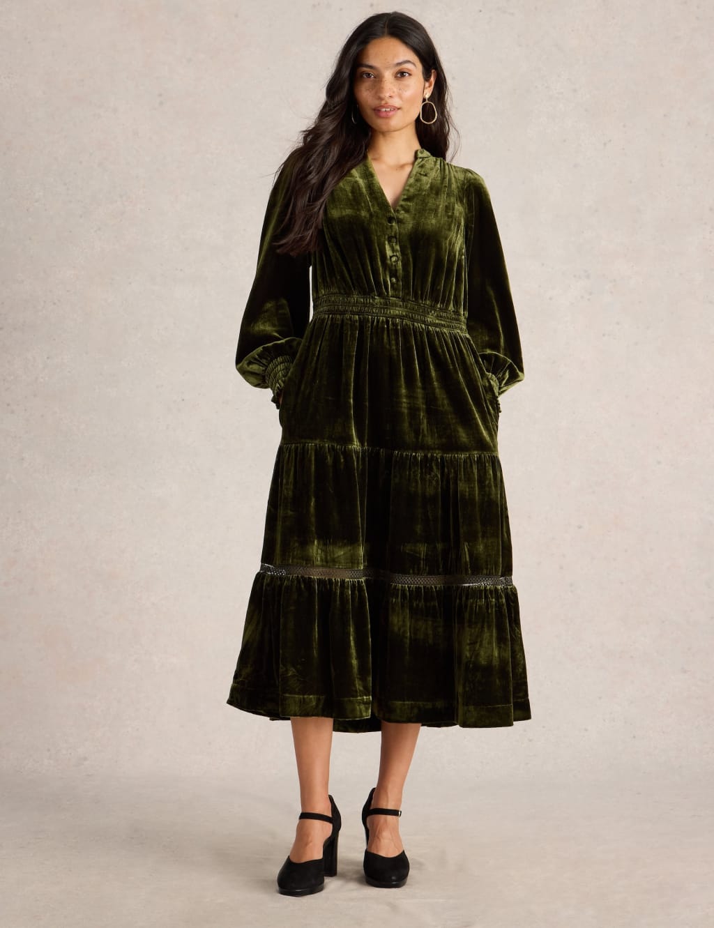 Velvet V Neck Midi Waisted Tiered Dress