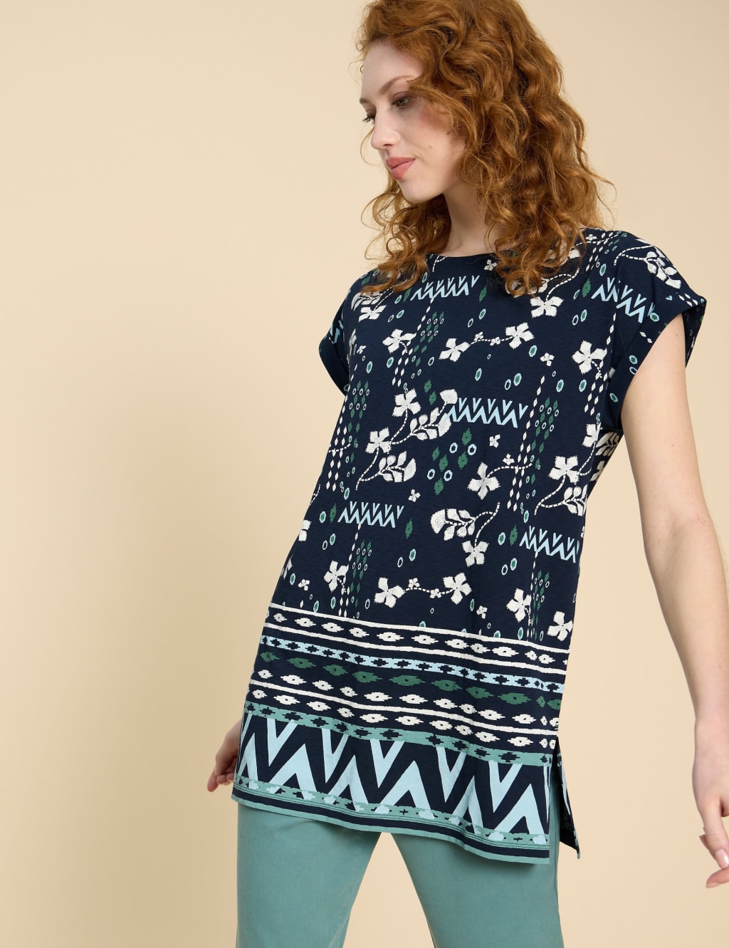 Pure Cotton Printed Cap Sleeve Tunic 1 of 6