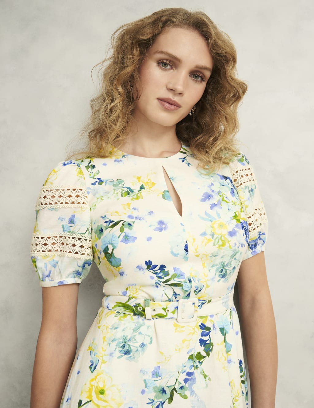 Floral Midi Skater Dress with Linen 3 of 9