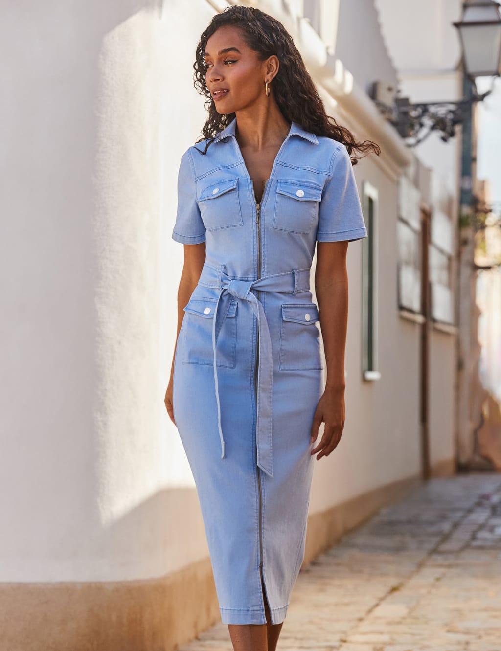 Denim Zip Up Tie Waist Midi Utility Dress 6 of 6