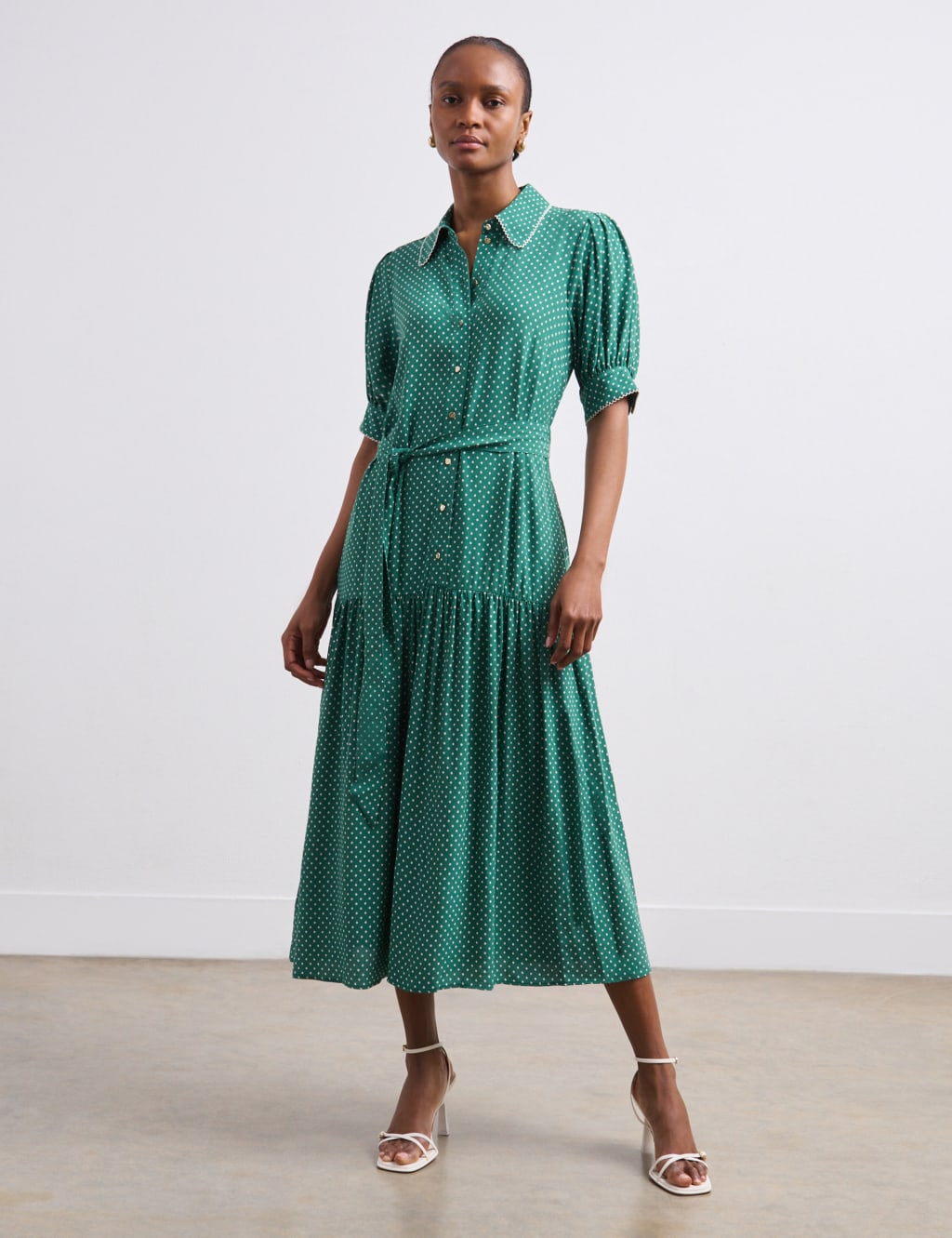 Crepe Polka Dot Collared Midaxi Tea Dress
